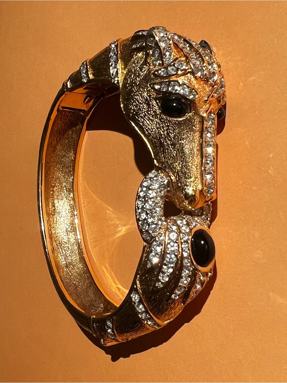Ciner 1980’ Gold Horse Head Crystal Hinged Bracelet w/ Black Cabochon Accents